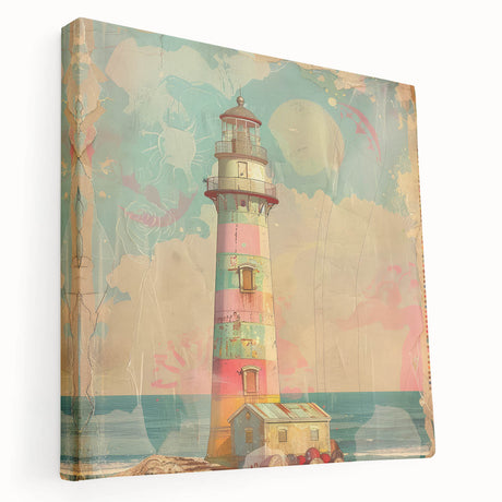 Stretched canvas wall art depicting a serene lighthouse landscape, showcasing vibrant colors and intricate details, ideal for coastal-themed home decor.