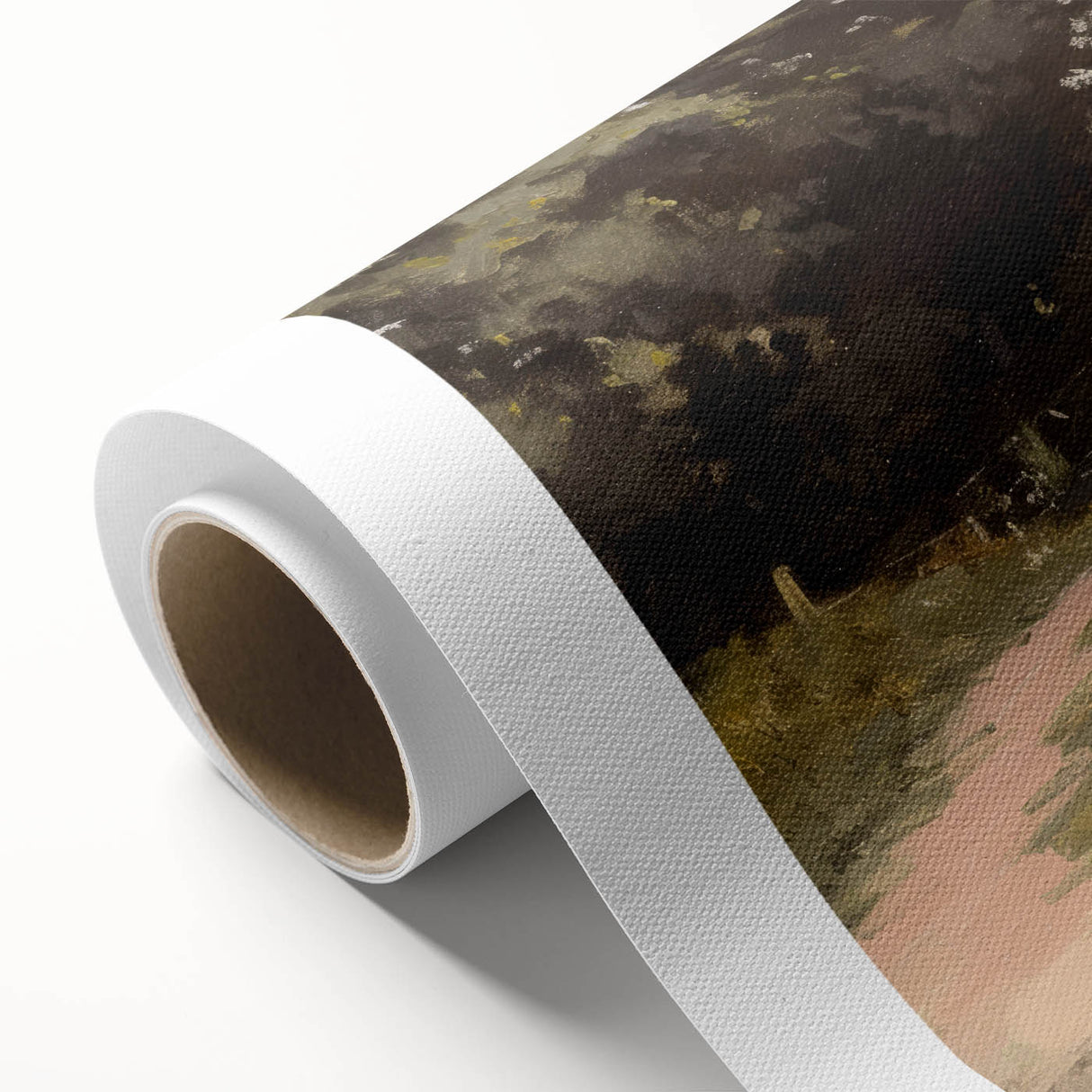 Rolled canvas print showcasing vibrant African landscape art with rich colors and intricate details, securely packaged in a protective cardboard tube for easy transport and display.