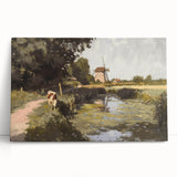 Stretched canvas artwork showcasing a vibrant landscape design, featuring rich colors and intricate details, leaning against a neutral wall, ideal for home decor.