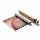 Close-up floral art on rolled print featuring vibrant pink and green tones, ideal for classy bathroom wall art.