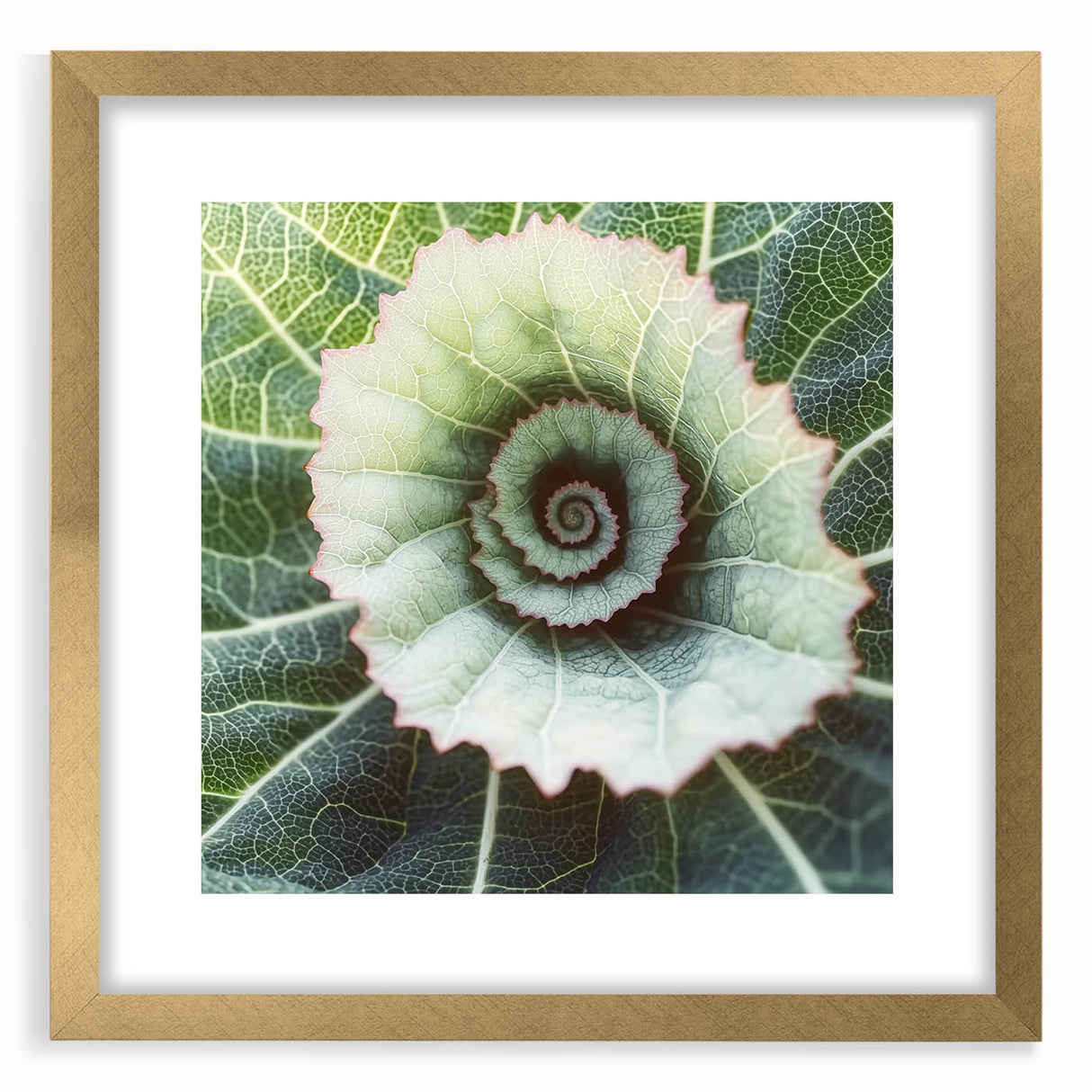 Extra large abstract art print featuring close-up green leaves, textured appearance, in a gold frame.