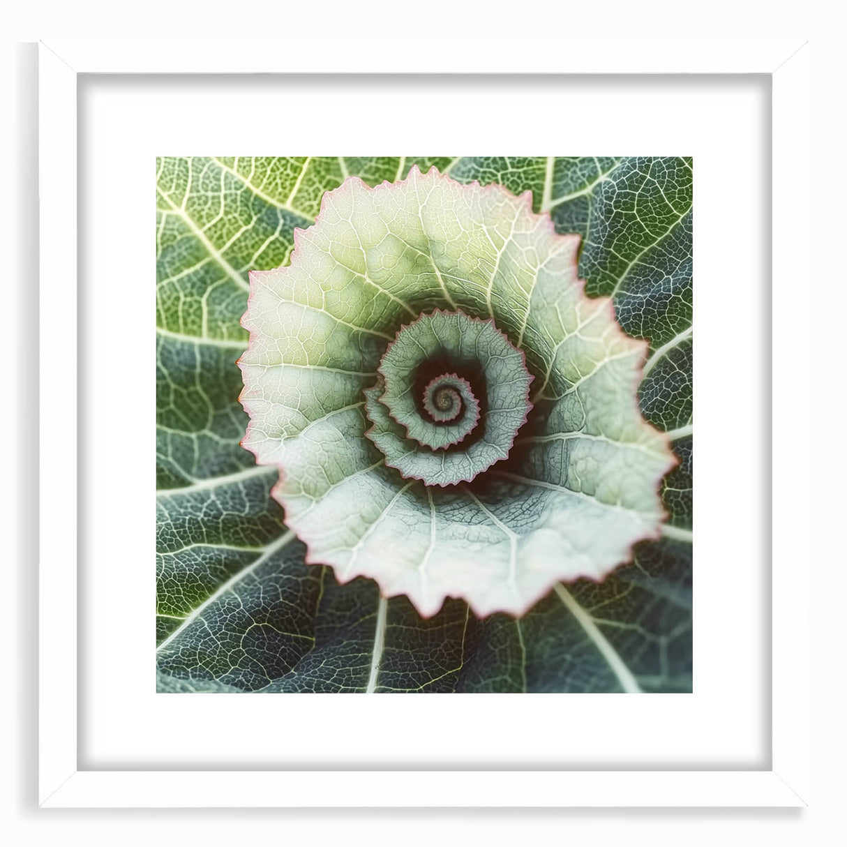 Abstract art print featuring close-ups of leaves in muted green and white tones, framed with a white mat.