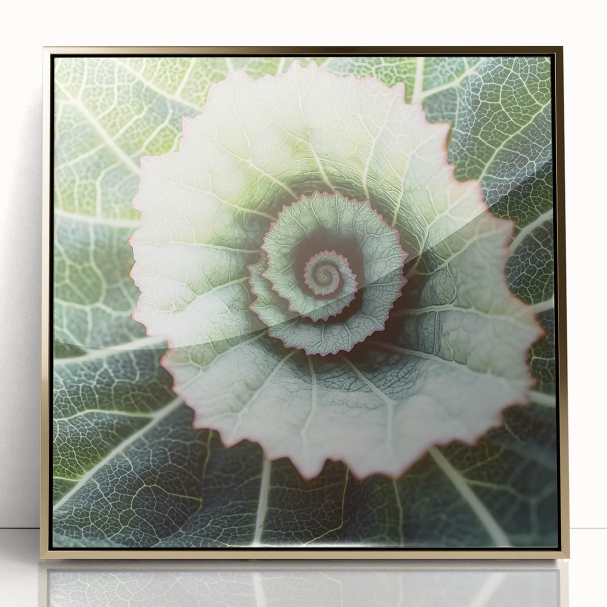 Close-up of leaves in a gold-framed acrylic print, featuring mid-century modernist style with muted green tones.