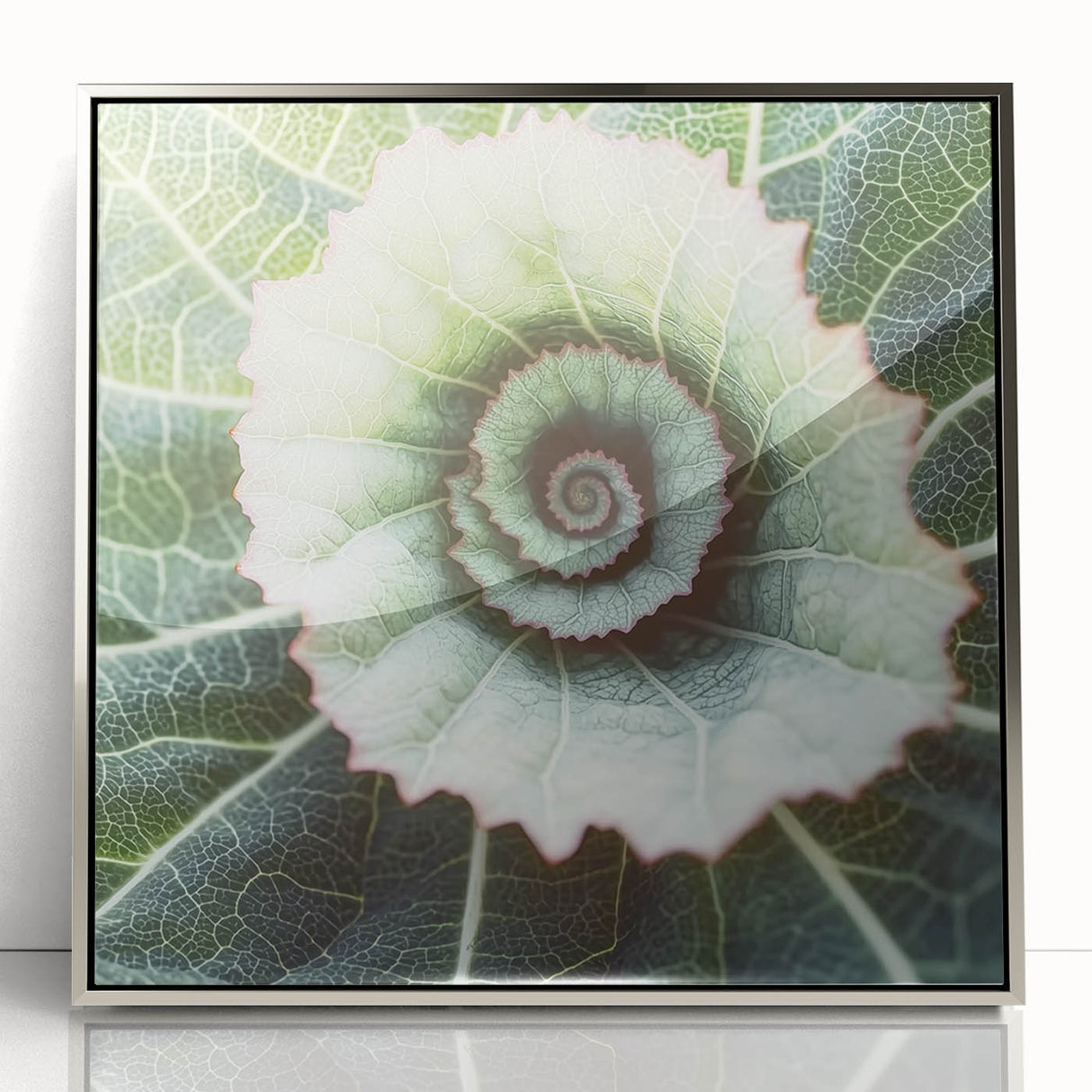Mid-century modernist art featuring close-up of green leaves in a silver acrylic frame, suitable for nursery wall art.