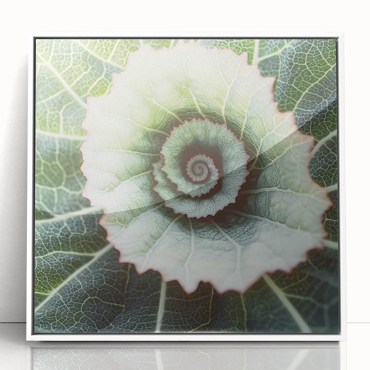 Close-up of green leaves in art deco style, acrylic print in white frame, suitable for modern nursery decor.
