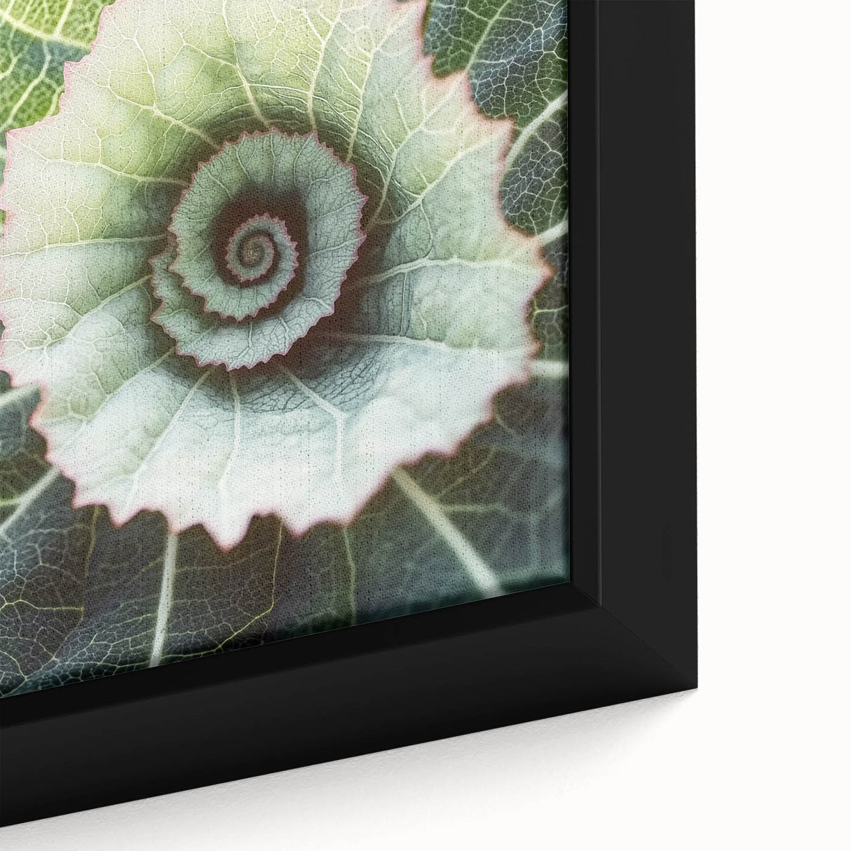 Close-up of textured leaves in muted green and black on a framed canvas, suitable for extra large living room decor.