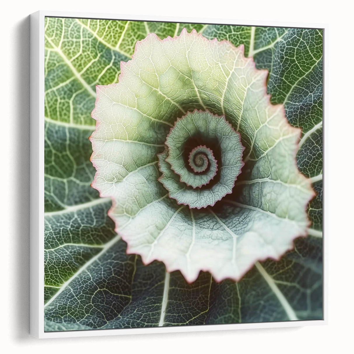 Framed canvas of vintage poster art featuring close-up of leaves in vibrant green tones, ideal for living room decor.