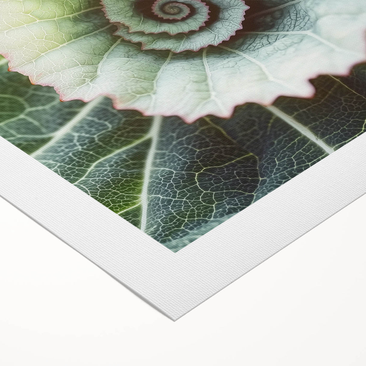Art deco poster featuring close-up of green leaves on rolled canvas, suited for dining room wall art.