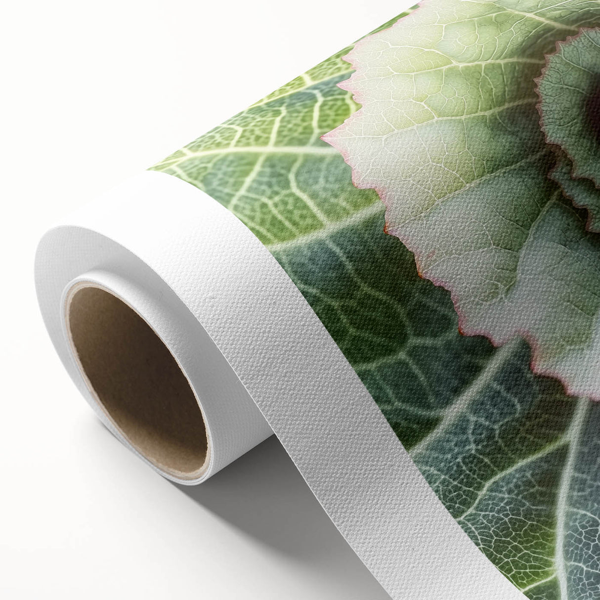 Art deco poster of close-up leaves in green and gold tones on rolled canvas, ideal for nursery wall art.