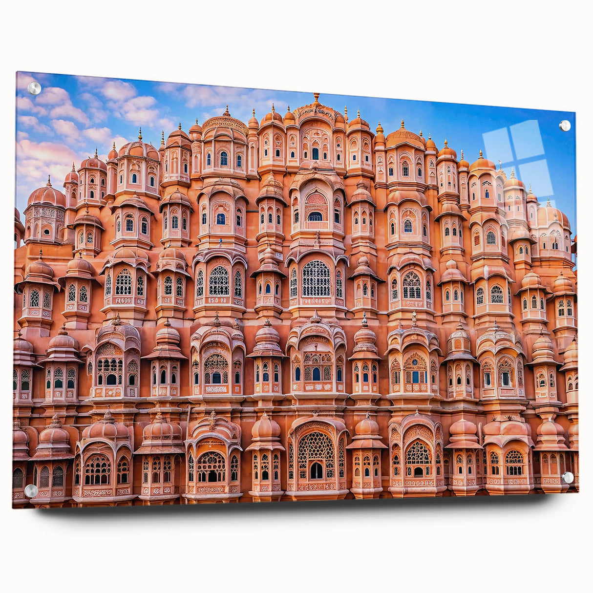 Large abstract wall art depicting a vibrant Indian landscape on acrylic glass, suitable for bedroom or dining room decor.