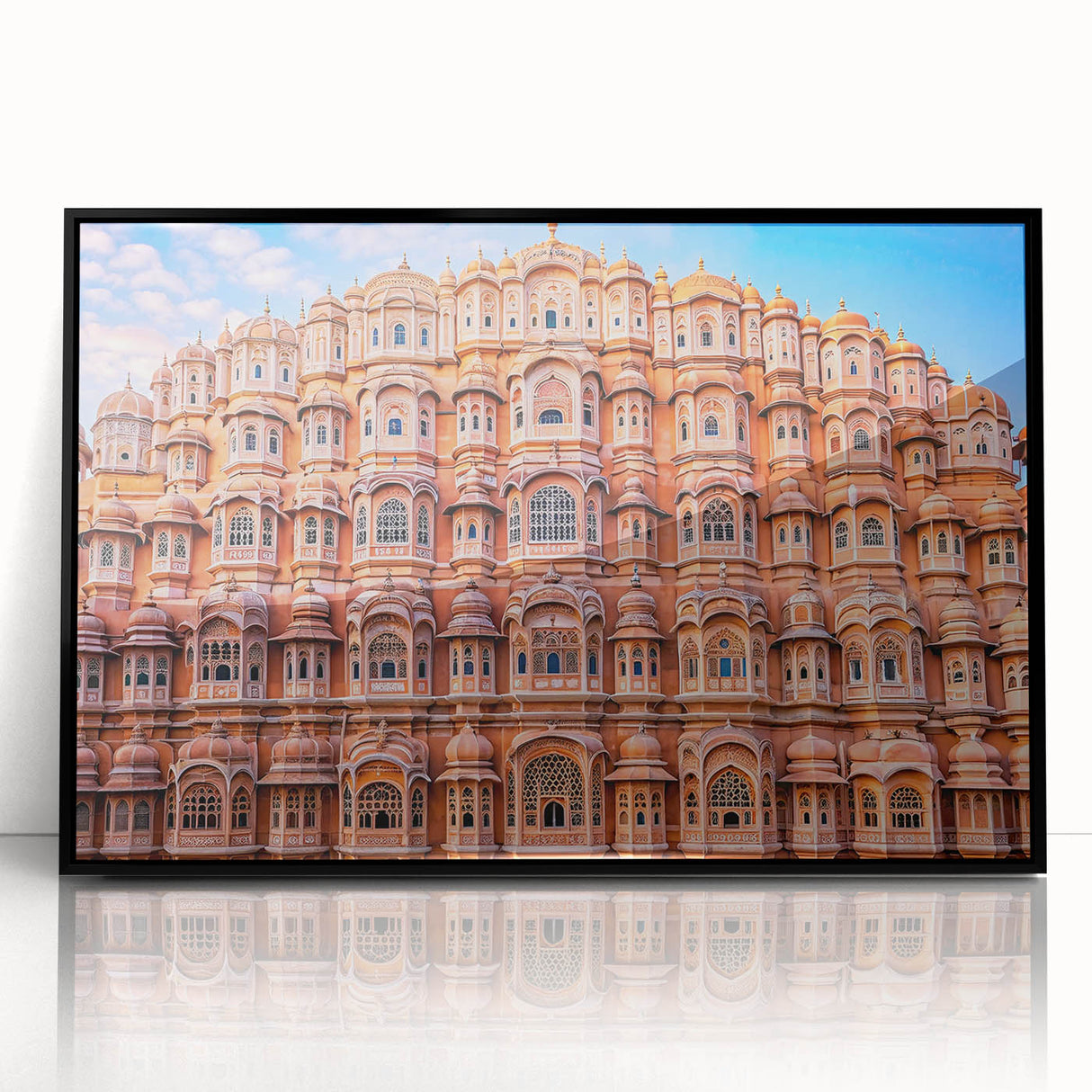 Large abstract wall art depicting a stylized Indian landscape in vibrant colors on a framed acrylic.
