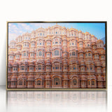 Large art print of an Indian landscape in gold and green tones on framed acrylic, in a mid-century modernist style.