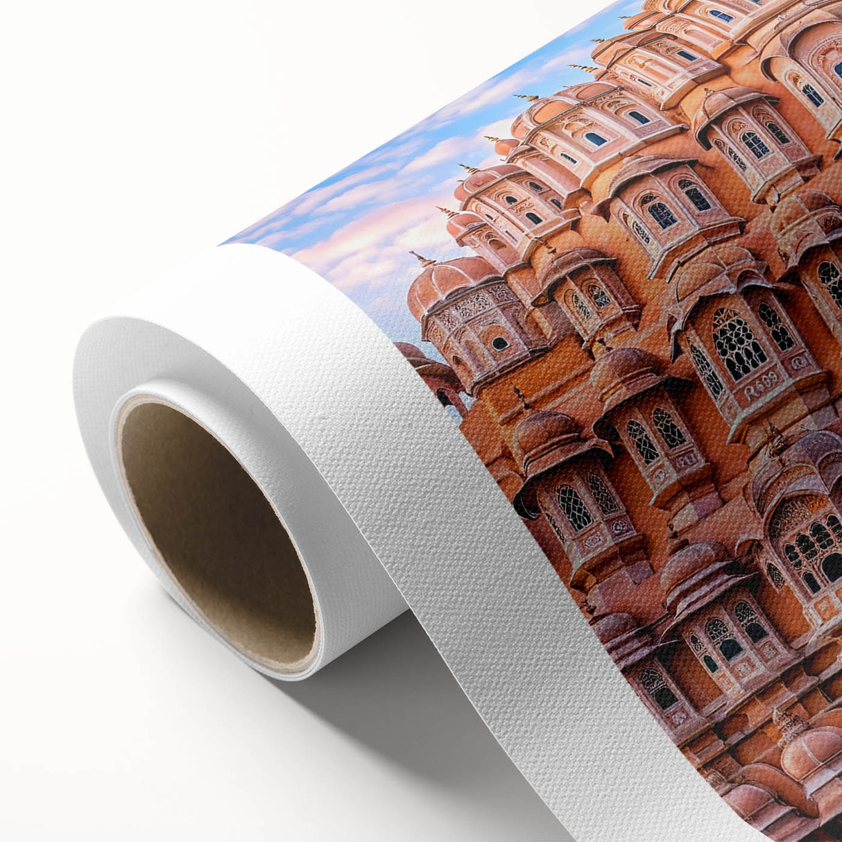 Art deco poster of an Indian landscape in muted earth tones on rolled canvas.