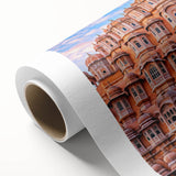 Art deco poster of an Indian landscape in muted earth tones on rolled canvas.
