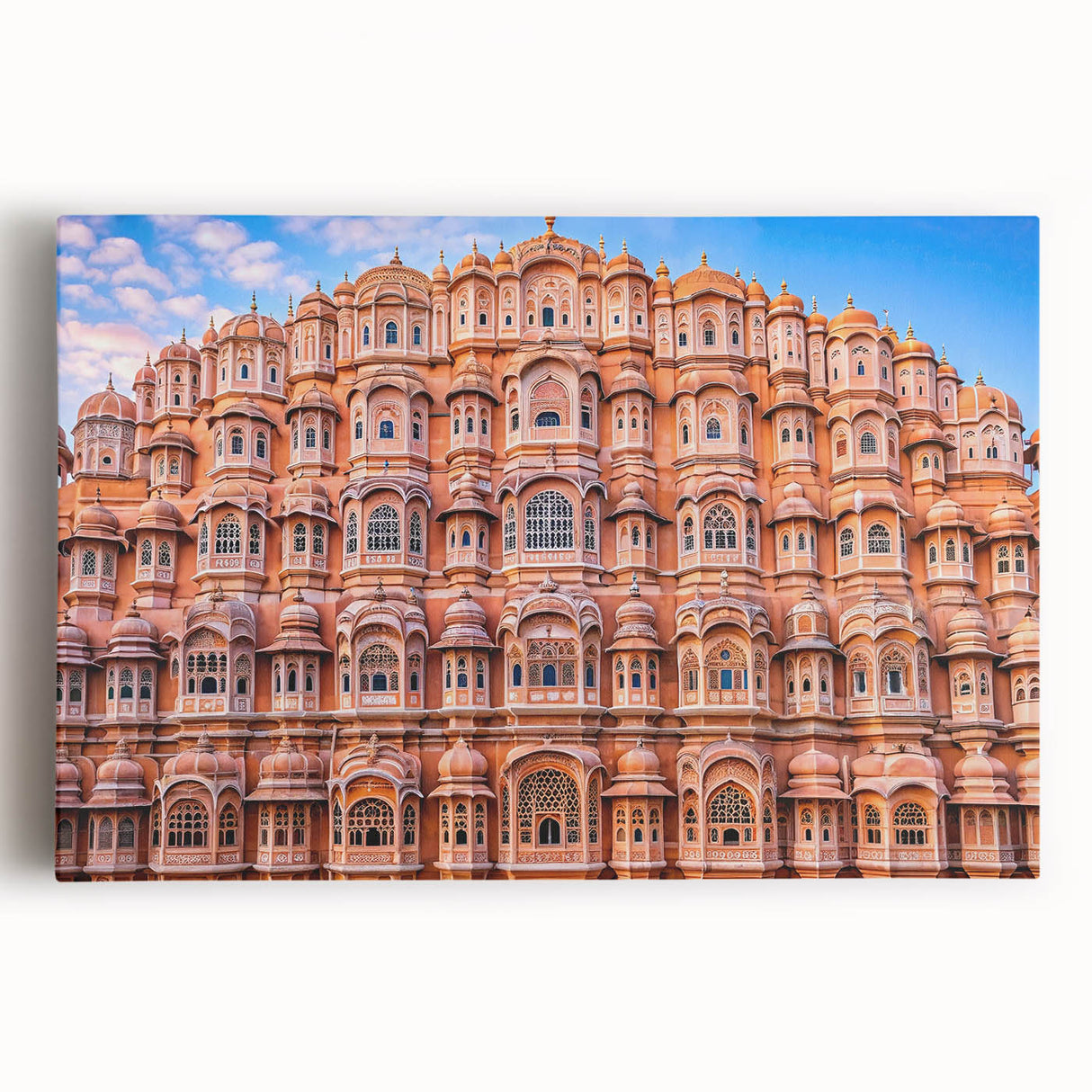 Black and white panoramic photo of the Taj Mahal on stretched canvas, ideal for kitchen wall art.