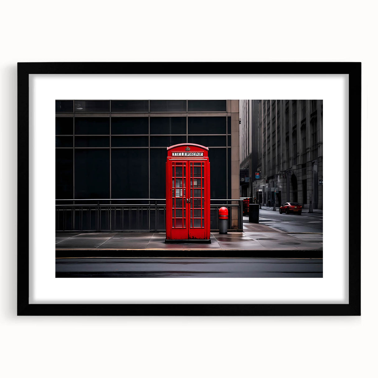 Extra large abstract art print of colorful, textured London scenery on a black framed canvas, ideal for living room decor.