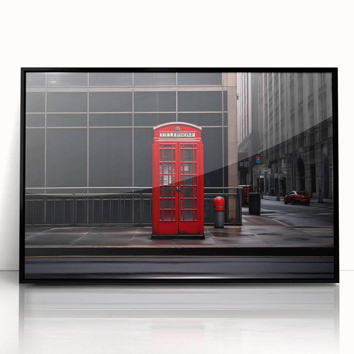 Large abstract wall art depicting the London skyline in muted grey tones on a framed acrylic.