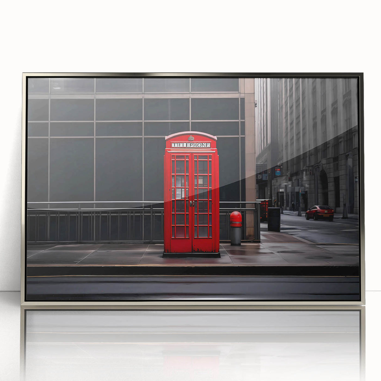 Mid-century modernist London skyline in muted gray tones, silver-framed acrylic print, suitable for modern art wall decor.
