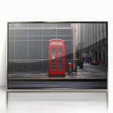 Mid-century modernist London skyline in muted gray tones, silver-framed acrylic print, suitable for modern art wall decor.