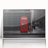 Mid-century modernist art depicting London skyline in muted pastel shades, acrylic print framed in white.