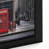 Black wall art featuring a textured depiction of the London skyline in vibrant colors on a framed canvas.
