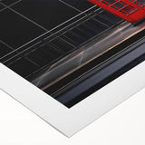 Art deco poster of London skyline in muted gray and blue tones on rolled canvas, suited for dining room wall art.