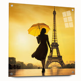 Acrylic print of Paris skyline with muted blue and gray tones, ideal for bedroom or dining room decor.