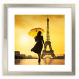 Extra large abstract art print of Paris scenery in muted earth tones on a silver-framed canvas, ideal for living room decor.