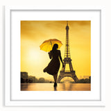 Textured abstract art print of Paris scenery in muted earth tones, framed with a white mat, ideal for bedroom art.