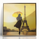 Art Deco poster of Paris scenery with gold frame, featuring muted pastel shades, ideal for nursery wall art.