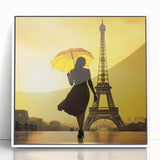 Mid-century modernist art of Paris scenery in muted gray and blue tones on framed acrylic, ideal for nursery wall decor.