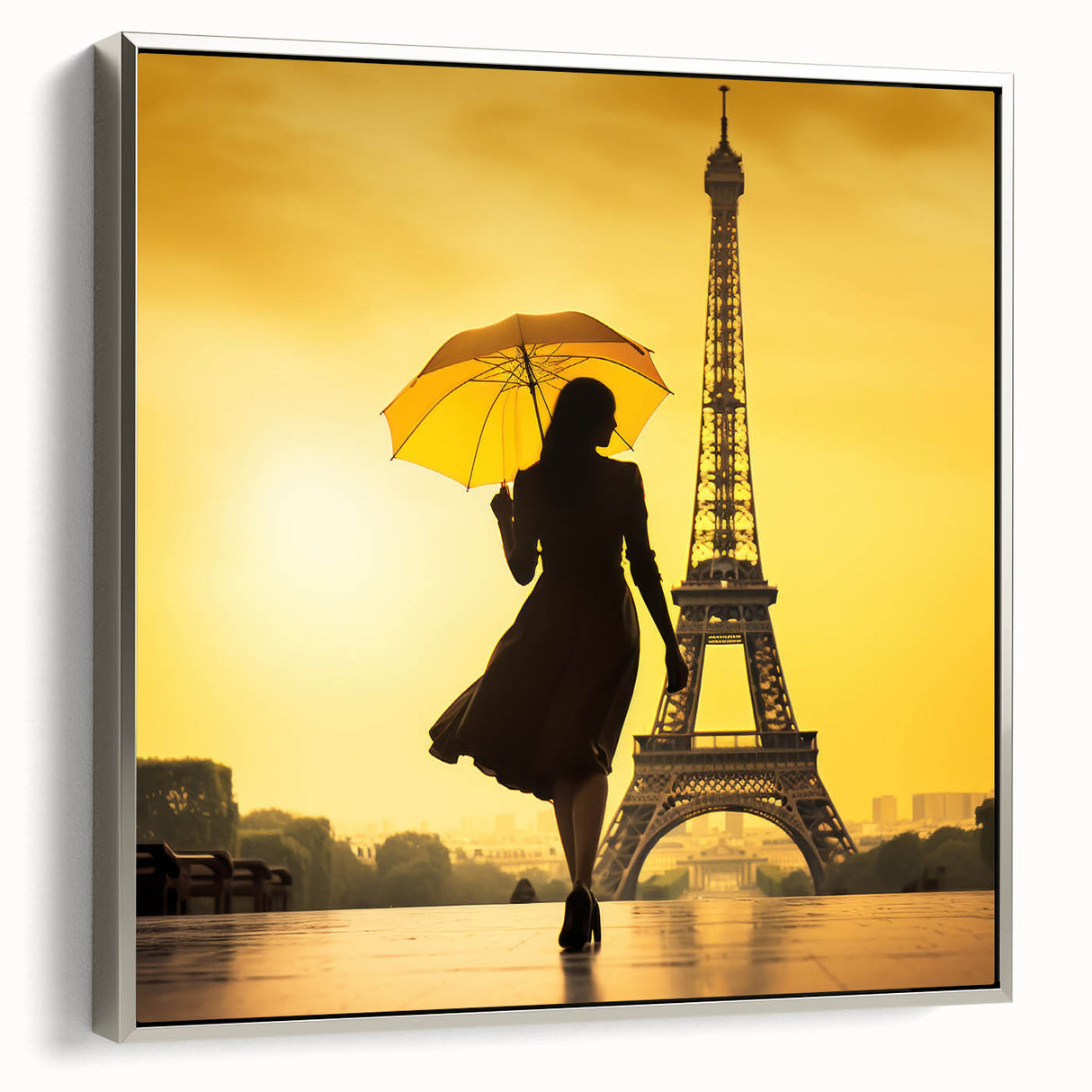Landscape art painting of Paris with a vintage poster style, featuring colorful art on black framed canvas.