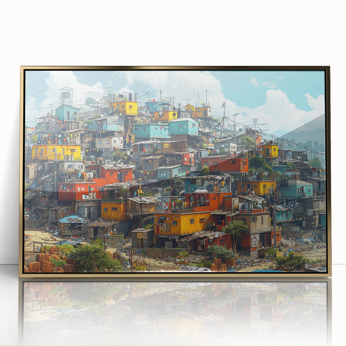 Large art print of a Brazilian landscape in mid-century modernist style, featuring earthy tones on a framed acrylic.