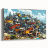 Framed canvas landscape art painting featuring a colorful vintage-style depiction of a Brazilian scene.