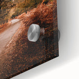 Large abstract wall art depicting autumn leaves in warm orange and red tones on acrylic glass.