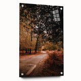 Large abstract wall art depicting fall seasons in orange and brown tones on acrylic glass.