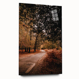 Large abstract wall art on acrylic glass, depicting swirling autumn hues, ideal for bedroom or dining room decor.