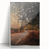 Art deco poster of fall trees in muted orange and brown tones, acrylic print framed in white, suitable for nursery wall art.