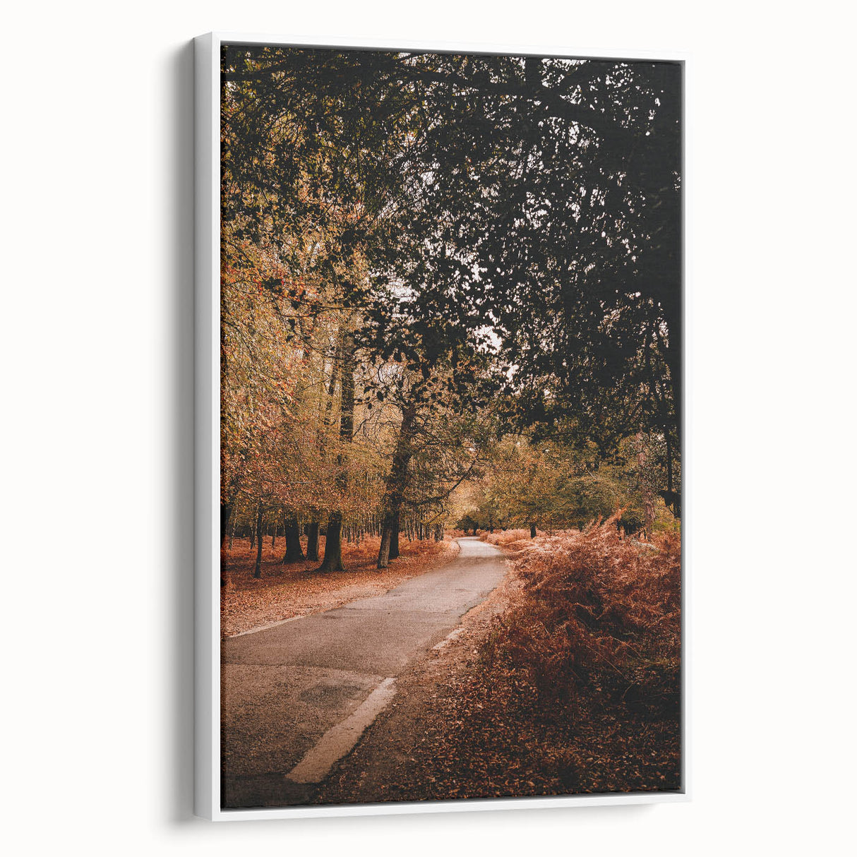 Vintage poster art of a fall landscape in vibrant orange and red hues on a large framed canvas, ideal for living room decor.