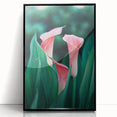 Large abstract wall art featuring mid-century modernist spring themes in vibrant green and pink hues on a framed acrylic…