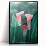 Large abstract wall art featuring mid-century modernist spring themes in vibrant green and pink hues on a framed acrylic…