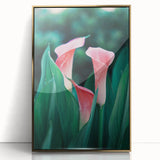 Large art print of a mid-century modernist spring scene in pastel shades on framed acrylic, ideal for nursery wall art.
