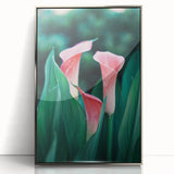Mid-century modernist art depicting spring season in soft pastel colors on a silver-framed acrylic.