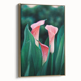 Framed canvas depicting a vintage-style landscape with lush greenery and soft gold accents, ideal for bedroom wall decor.