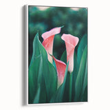 Vintage poster art of spring season on extra large framed canvas, featuring colorful flora against a black background.