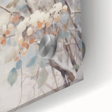 Large abstract wall art in cool blue and white tones on acrylic glass, depicting a winter theme, ideal for dining room art.