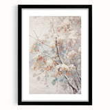 Extra large, textured abstract art print featuring vibrant winter hues on a framed black mat, ideal for living room decor.