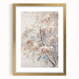 Extra large abstract art print featuring textured winter scene in muted gray and blue tones, framed in gold.