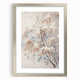 Textured art print featuring abstract icy blue and white patterns, framed in silver, ideal for bedroom wall decor.