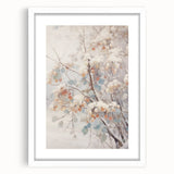 Abstract art print depicting a winter scene in muted blue and white tones on a framed canvas, suitable for dining room decor.